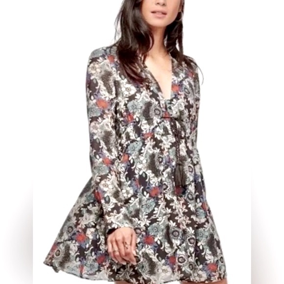 Free People Long Sleeve Stealing Fire V-neck Button Loop Bodice A-line Dress - Picture 4 of 12